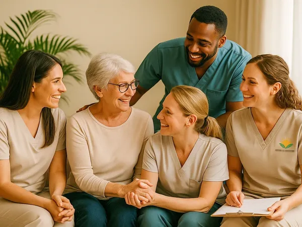 Elderly woman happily surrounded by smiling healthcare workers in a cozy setting.