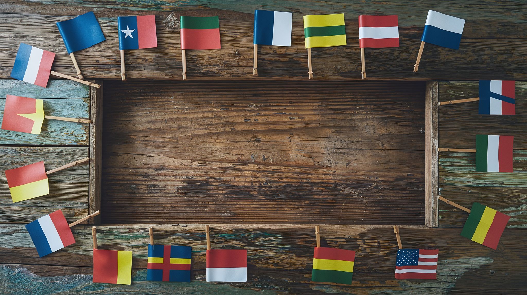 Miniature international flags arranged on rustic wooden surface